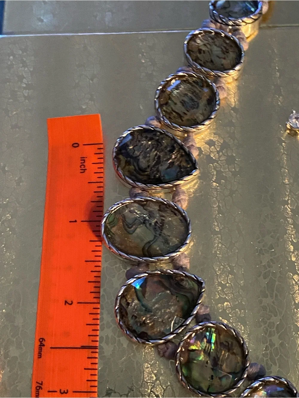 Abalone Shell Statement Necklace - Iridescent Green, Blue & Silver Corded